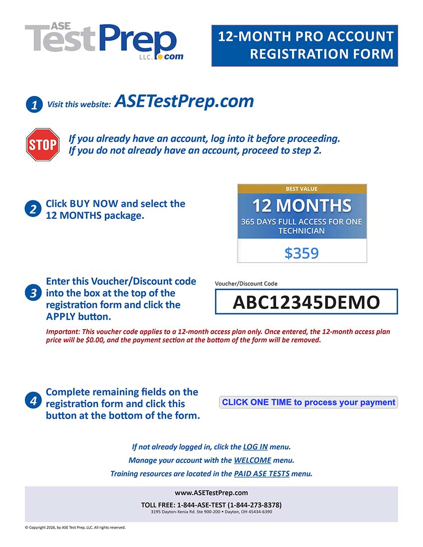 ASE Test Prep sample pro registration voucher